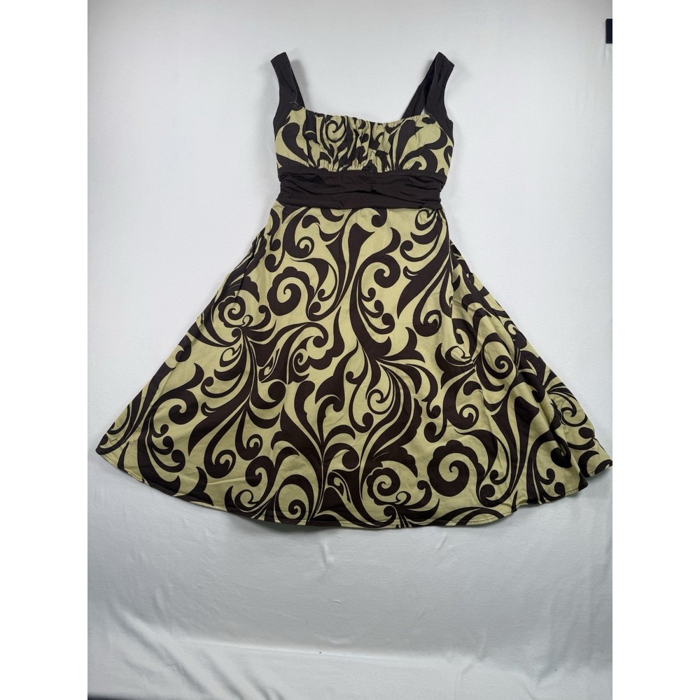 Y2K XS Groovy Psychedelic Swirl Fit and Flare Dress Green Brown Retro Mod